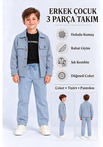 Ahengim Şık Erkek Çocuk 3 Lü Giyim Seti Ceket, Baskılı Tişört Ve Pantolon Takımı Ak6218 Bebe Mavi Ahengim Şık Erkek Çocuk 3 Lü Giyim Seti Ceket, Baskılı Tişört Ve Pantolon Takımı Ak6218 Bebe Mavi