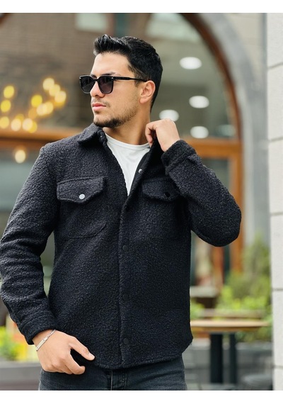 Miron Siyah Kıvırcık Dokulu Kumaş Gömlek Yaka Cepli Regular Fit Ceket Haki