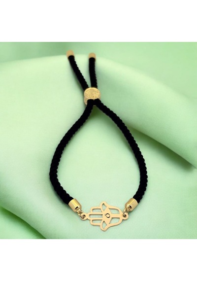 Ö Harfine Özel Siyah İpek Örgülü Hamsa Motifli 14 Ayar Altın Plakalı Hediye Bileklik-509harf Ö