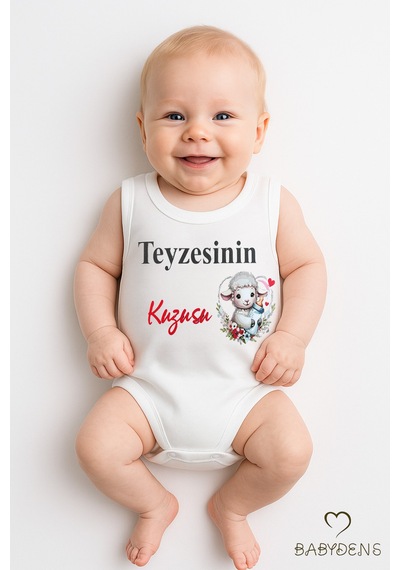 Babyden's Teyzesinin Kuzusu Yazılı Kolsuz Bebek Body %100 Pamuk,çıtçıtlı Yazlık Zıbın,sevimli Kuzu Baskılı Beyaz