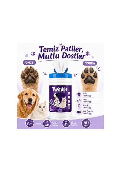Twinkle Kedi Köpek Islak Mendil 50 Adet - Pati Tüy Kulak Ve Göz Çevresi Temizliği - Alkolsüz Parabensiz Hijyenik Mendil