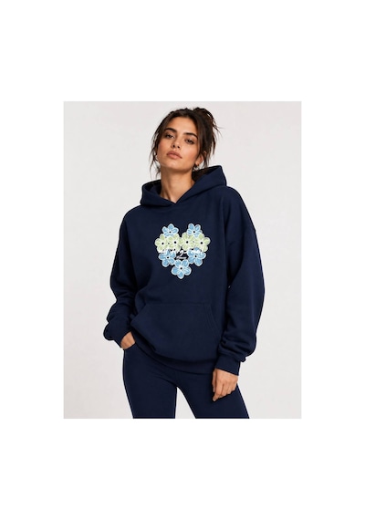 Herkesemoda Kalp Çiçek Baskılı Kapüşonlu 2 İplik Şardonlu Sweatshirt Lacivert