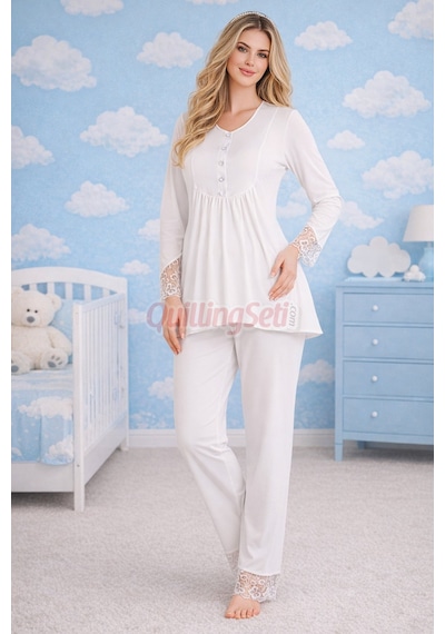 Lady Dantel Detaylı 33204 Uzun Kol, 2 Parça Lohusa Hamile Pijama Takımı Ekru