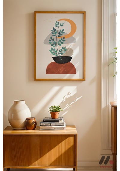 Boho Saksı Bitki, Ahşap Çerçeveli Duvar Tablosu - Modern Ev Dekorasyonu