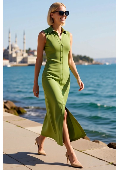 Benerly Kadın Gömlek Yaka Kolsuz Maxi Elbise Düğmeli Bodycon Kesim Esnek Yeşil