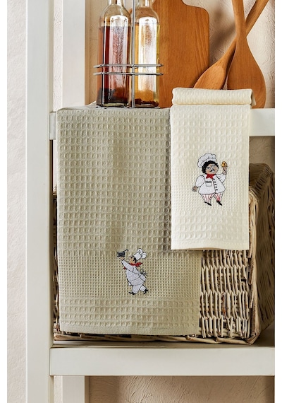 6lı Kurulama Peçetesi Nakışlı 40x60 Şef Gri-beyaz