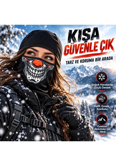 Teorastore Unisex Şık Palyaço Desenli Balaklava Kışlık Tam Yüz Maske Termal Nefes Alan Esnek Kask Altı Boyunluk Siyah