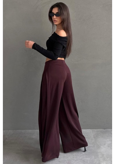 Madmext Bordo Yumuşak Dokunuşlu, Yanları Pilili, Modal İçeren Geniş Paça Pantolon Mg2668 Bordo