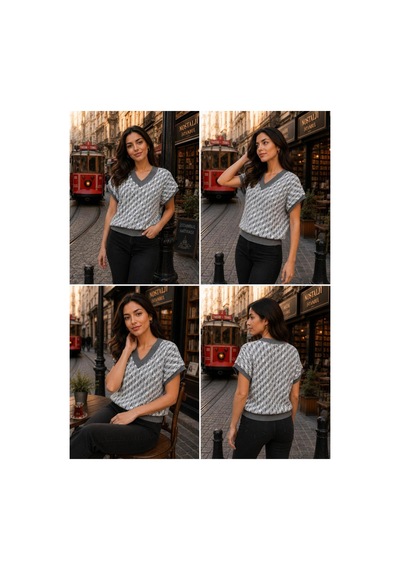 Hira Life Fashion Sfg Life Moda Kadın V Yaka Kare Desenli Şık Süveter Gri Gri