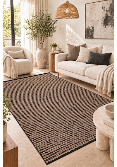 Vivanni Home Şönil Kilim Salon Oturma Çocuk Odası Banyo Halısı Mutfak Halısı Balkon Halısı Yıkanabilir Kaymaz Tabanlı Yolluk Çizgili Bej