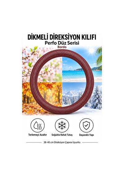 Trobus Volkswagen Taigo 2021-2025 Uyumlu Dikmeli Direksiyon Kılıfı Perfo Düz Delikli Deri Bordo