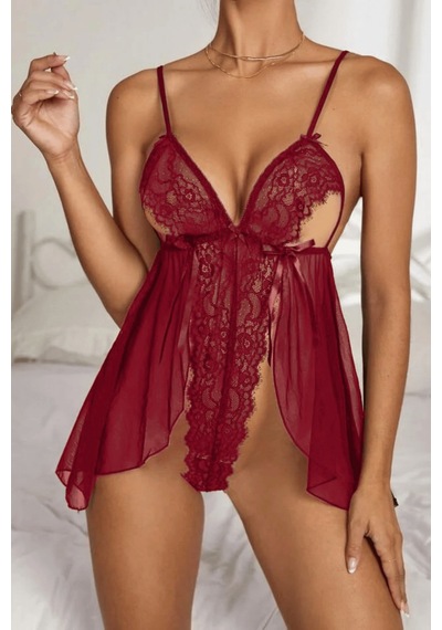 Bella Notte Bordo Dantel Özel Tasarım Bodysuit Gecelik