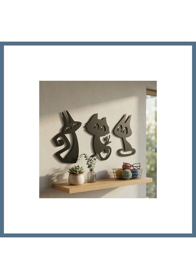 Buradabulabilirsin 3 Lü Dekoratif Kedi Duvar Tablosu Mdf Lazer Kesim Modern Duvar Süsü Minimal Kedi Figürlü Dekor Bbz