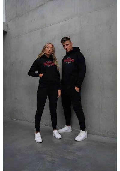 Zenna Tarz Yılbaşı Merry Christmas Baskılı Oversize Kapüşonlu Sweatshirt Hoodie - Siyah