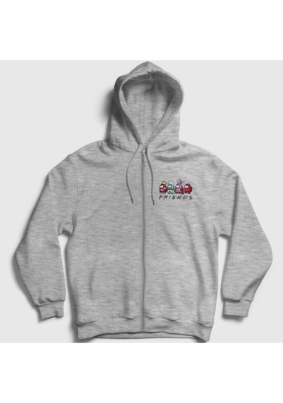 Presmono Unisex Friends Among Us Fermuarlı Kapüşonlu Sweatshirt Gri Melanj