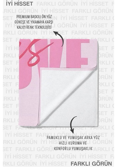 Love Yazılı Pembe Plaj Havlusu - Modern Tipografik Pastel Renk Hızlı Kuruyan Mikrofiber Havlu Sedef Lavanta