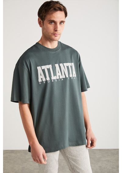 Grimelange ATLANTA Erkek %100 Pamuklu Kısa Kollu Baskı Detaylı Yeşil T-Shirt