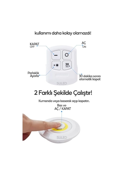 Uzaktan Kumandalı Yapışkanlı Kablosuz Pilli Led 3'lü Spot Lamba Beyaz