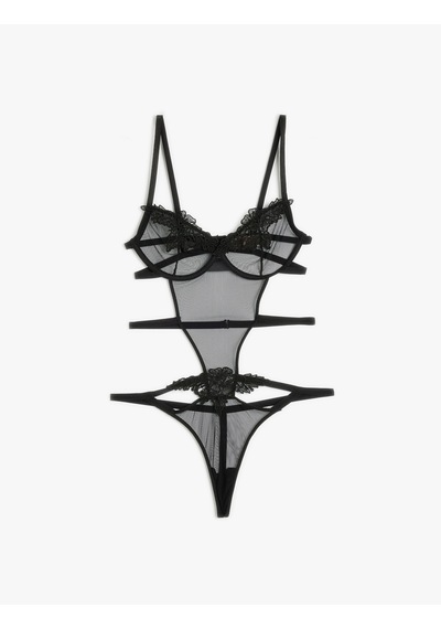 Koton Dantelli Bodysuit Transparan Balenli Siyah 5wlk00007mk Siyah