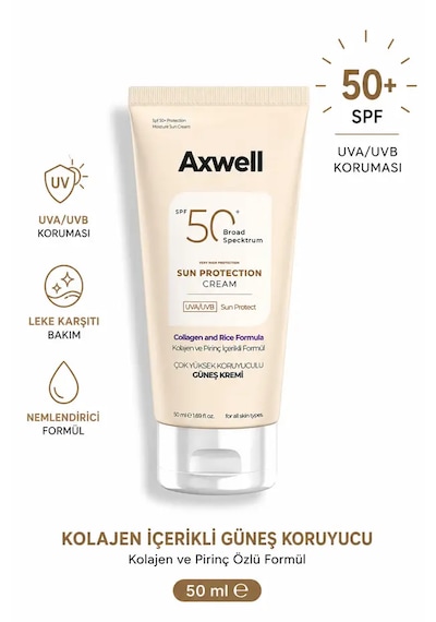 Axwell Spf50+ Pirinç & Kolajen İçerikli Güneş Kremi 50 Ml