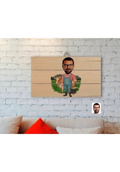 Kişiye Özel Çiftçi Karikatürlü Otantik Ahşap Palet Tablo