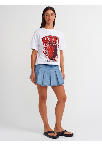 Dilvin Baskılı Bisiklet Yaka T-shirt Beyaz