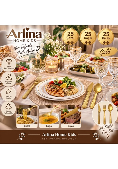 25 Kişilik Gold Plastik Çatal-kaşık-bıçak Seti 75 Parça Altın