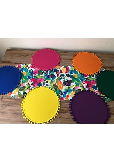 Suluboya Desenli Runner & Ponponlu Supla Çok Renkli