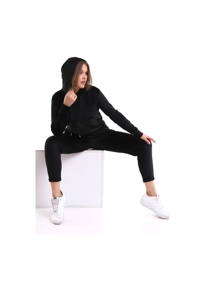 Winmoda34 Kadife Eşofman Takımı Kapüşonlu Fransız Kadife Yumoş Siyah
