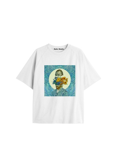 Kalic Studio Unisex Van Gogh Baskılı Oversize Tshirt Beyaz-56