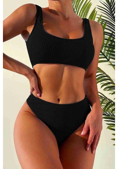 Angelsin Özel Fitilli Kumaş Yüksek Bel Tankini Bikini Takım Siyah 001