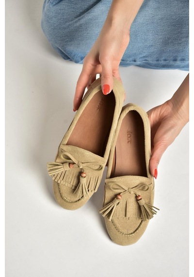 Fox Shoes Y996271002 Bej Süet Püskül Detaylı Kadın Babet Bej