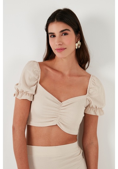 Lela Slim Fit Büzgü Detaylı Kalp Yaka Crop Bayan Bluz 5865601 Taş