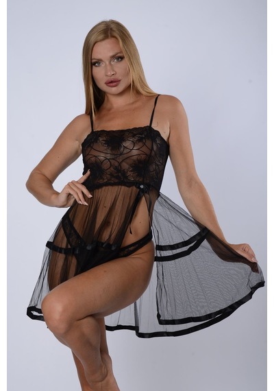 Sistina Siyah - 578 - Şifon Pileli Gecelik-835 - - Concepta - Beden S/m