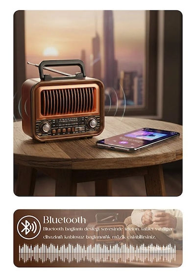 Ahşap Tasarım Retro Nostaljik Hoparlör Şarj Edilebilir Fm/am/sw Bluetooth Radyo