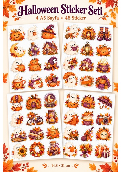 Halloween Sticker Seti 4 A5 Sayfa 48 Adet Ajanda Ve Defter Süsleme Çok Renkli