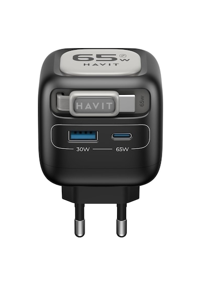 Uc253 65w Gan Hızlı Şarj Adaptörü Geri Çekilebilir Kablolu Pd Type-c Siyah