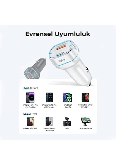 Bx-ccp36wt 38w Type-c Pd 20w Ve Usb-a Qc 3.0 18w Çift Portlu Led Işıklı Araç Şarj Cihazı Beyaz 15/14/13/12/11/x/, İpad, Galaxy S24/s23/s22/s21/s20 Ve Daha Fazlasıyla Uyumlu Bxccp36wt