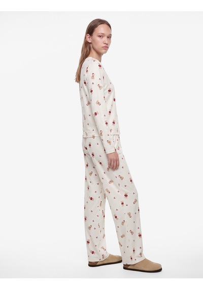 Koton Rahat Kesim Uzun Kollu Bisiklet Yaka Ayıcık Baskılı Pijama Takımı Ekru Desenli 7wlk40321mk
