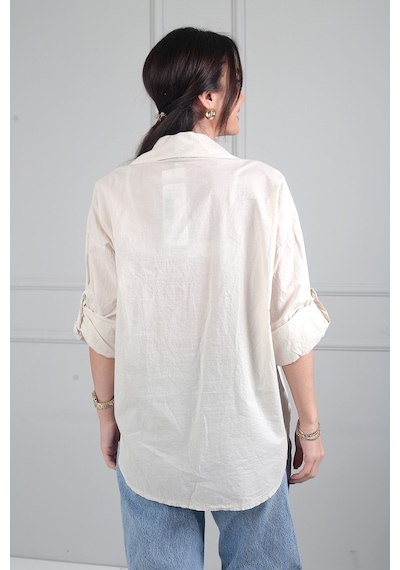 By Saygı Kadın Çiçek Desen Kabartmalı Pul Nakışlı İtalyan Cotton Gömlek Bej