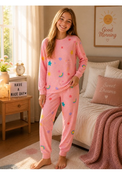 Durukoza %100 Pamuk 4 Mevsim Çocuk Pijama Takımı 8-13 Yaş Yumuşak Dokulu Pembe