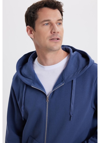 Tudors Unisex Relax Fit Rahat Kesim Pamuklu İçi Polarlı Çift Cepli Tam Fermuarlı İndigo Kapüşonlu Sweatshirt-41647 İndigo