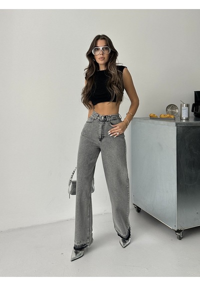 Blue Marlın Kadin Kar Siyah Çift Köprülü Paça Söküm Detayli Kot Pantolon Jeans Siyah