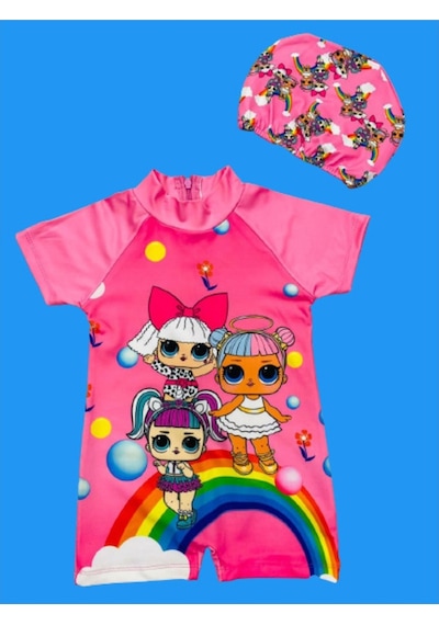 Lolliboomkids Sevimli Lol Bebek Gökkuşağı Hassas Ten Kısa Kollu Hipster Mayo Takımı Bone Dahil 2'li Set