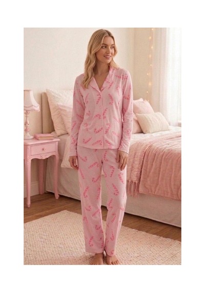 Fit Women Baston Şeker Desenli Uzun Kollu Pijama Takımı 4601 -pembe