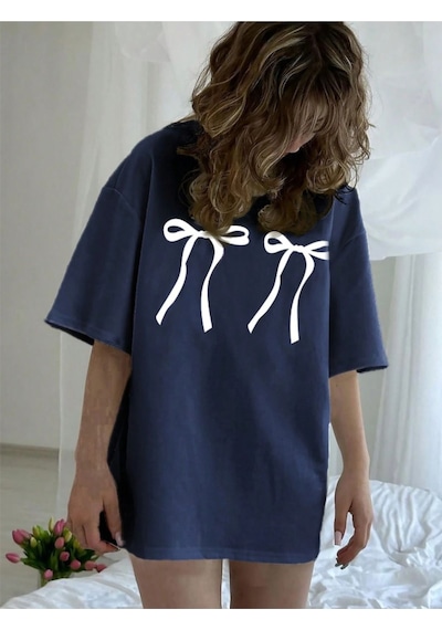 Uyguntarz Unisex Çift Kurdele Tasarım Basklı Tshirt Lacivert