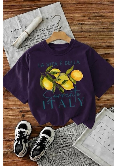 Bella Limon Ön Baskılı Oversize Pamuklu Kadın T-shirt Mor