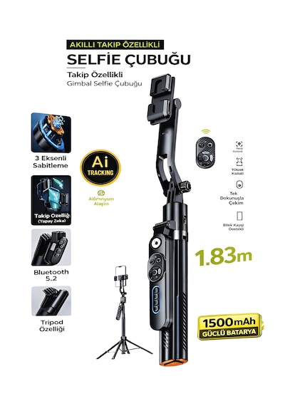 1500 Mah Led Işıklı 183 Cm Ai Takip Özellikli Gimbal Tripod Selfie Çubuğu Bluetooth Kumandalı