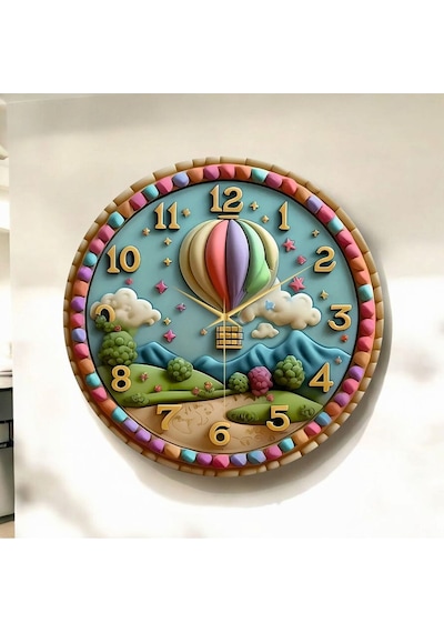 AA Shop Uçan Balon Tasarımlı Renkli Baskı Desenli Sayılı Hediyelik Ahşap Sessiz Duvar Saati 50cm ÇOk Renkli
