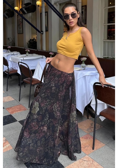 Madmext Siyah Çiçek Desenli Vintage Şifon Maxi Etek Mg2776